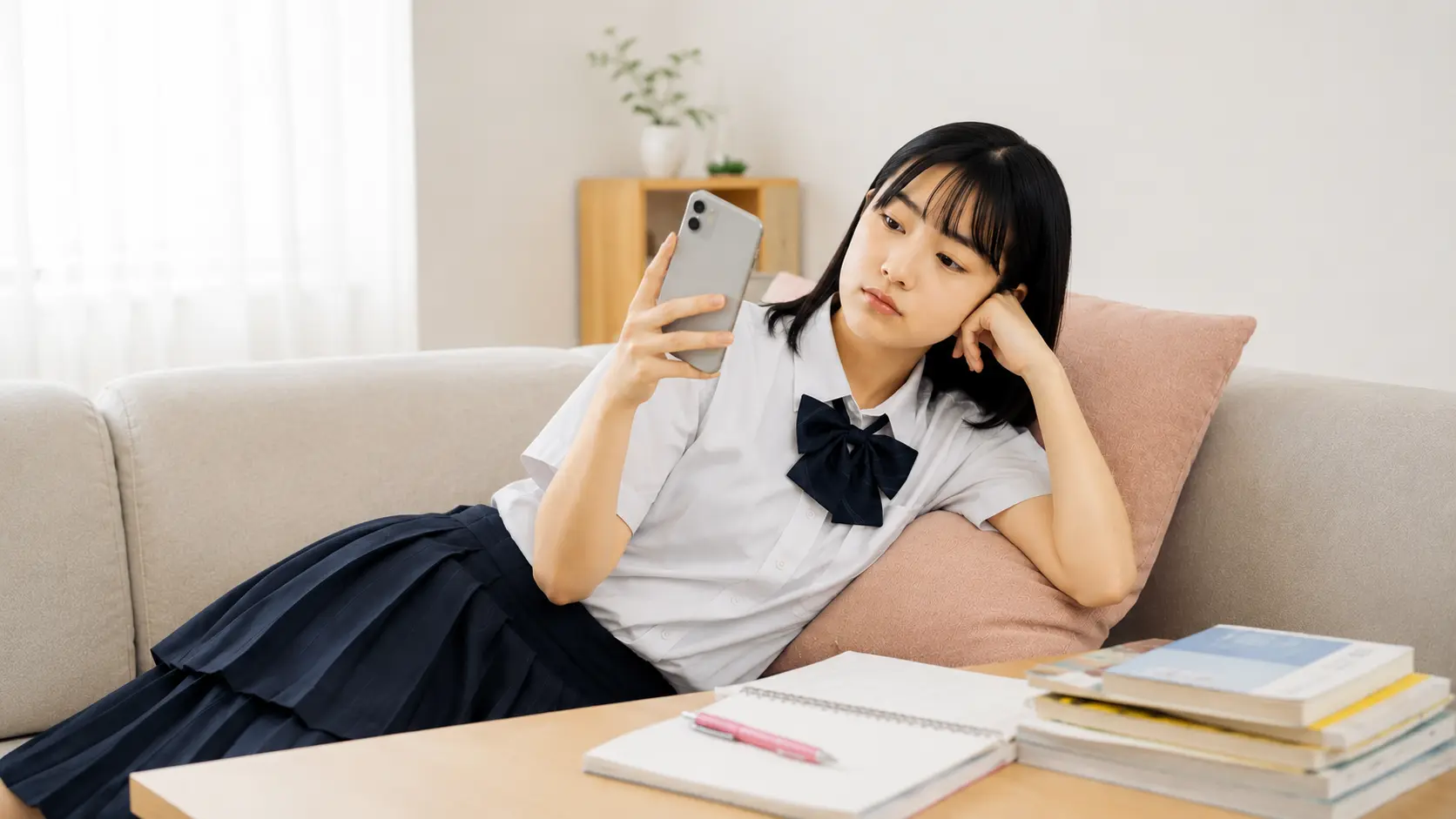 勉強せずスマホを見ている学生